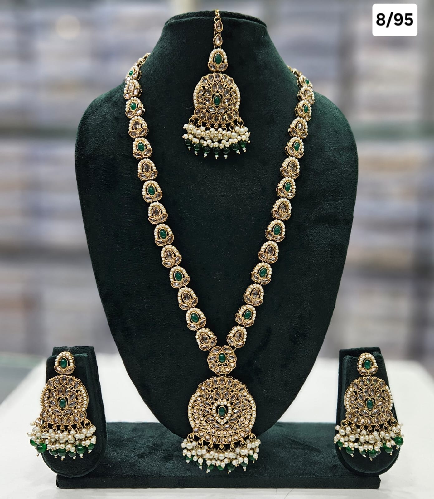Emerald Gold Toned Long Kundan Set Necklace with Maang Tikka & Earrings